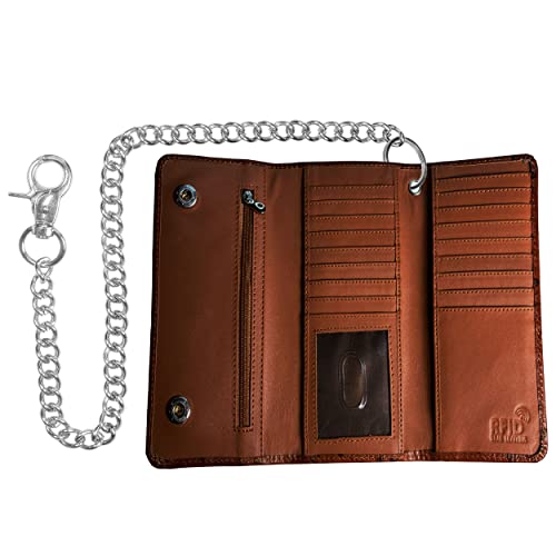 Image of Jackets 4 Bikes Genuine Cowhide Leather Trifold Long Chain Motorcycle Biker Trucker Wallet RFID Crocodile Brown