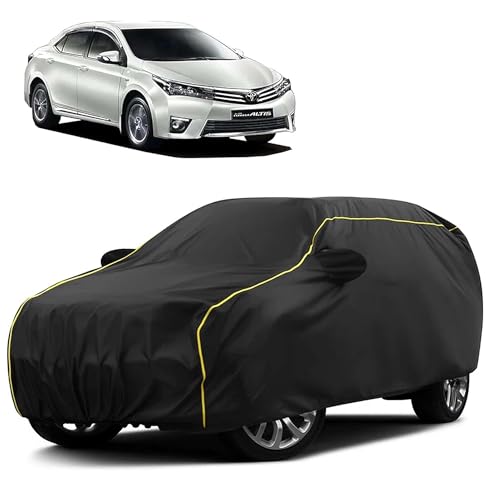 Image of Sulfar 100% Water Resistant Car Body Cover Compatible with Mirror for Toyota Altis (Triple Stitched, Full Bottom Elastic, Black Taffeta with Yellow Piping)