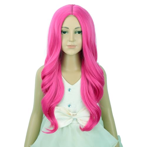 Image of Hot Pink Wig Long Rose Red Middle Part Wig Long Purple Pink Wavy Curly Wigs Heat Resistant Synthetic Wigs for Daily Party Use