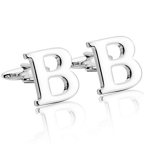 MOWOM Silver Tone 2PCS Rhodium Plated Cufflinks Initial Letter Capital Alphabet B Shirt Wedding