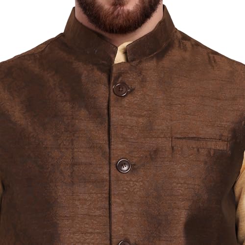 SKAVIJ Mens Embellished Ethnic Wear Nehru Jacket Floral Printed Formal Waistcoat Regular Fit (Large,Brown)3
