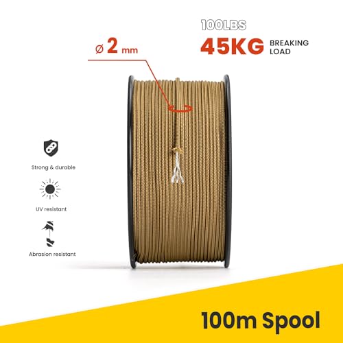 Brotree Paracord 2mm 100M 100% Nylon Rope 1 Strand Parachute Cord for Outdoor Craft, DIY - 45kg Breaking Load (Coyote Brown) - Image 3