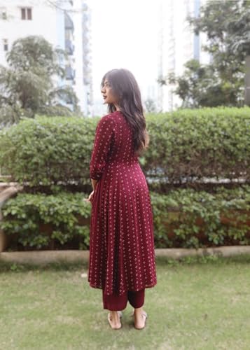 Image of GoSriKi Women Kurta Set | Rayon Viscose Printed Anarkali Kurta with Pant | Ethnic Wear for Women | Indian Casual Office Daily Summer Outfit