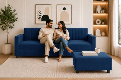 Image of Modern 3-Seater Velvet Sofa with Ottoman | Vertical Channel Tufted Backrest | Plush Cushioned Seating | Stylish Contemporary Sofa for Living Room, Bedroom & Office | Blue