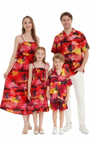 Image of Hawaii Hangover Family Matching Hawaiian Clothes, Sunset Red | Family matching Hawaiian outfits, Sunset Red, lightweight rayon, machine washable, tropical floral print, luaus, cruises