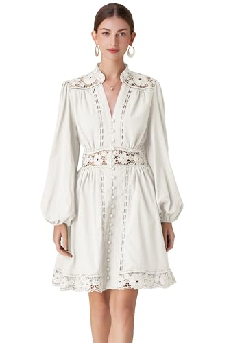 Image of LAI MENG FIVE CATS Women's V-Neck Elegant Lace Long Sleeve Lantern Sleeve Button up Casual Mini Dress