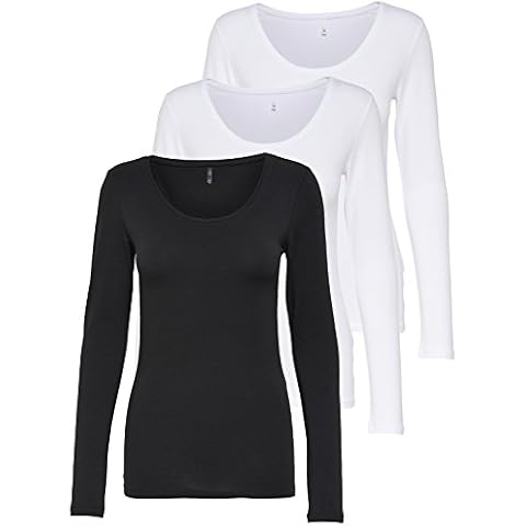 ONLY 3er Pack Damen Langarmshirt schwarz und weiß Langarm Basic Longsleeve Sommer aus 95% Baumwolle XS S M L XL 15209156 Cover