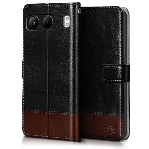 Image of FLIPPED Vegan Leather Flip Case Back Cover for 1+ OnePlus Nord 4 5G (Flexible, Shock Proof | Hand Stitched Leather Finish | Card Pockets Wallet & Stand | Black with Brown)