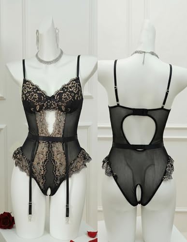 Image of Avidlove Sexy Lingerie for Women Wireless Garter Mesh Lace Teddy | Convinient Crotch, Hollow Out, Lace Ruffle Hem, Sexy O Back, Garter Belt, For Hot Night, Valentine's Day