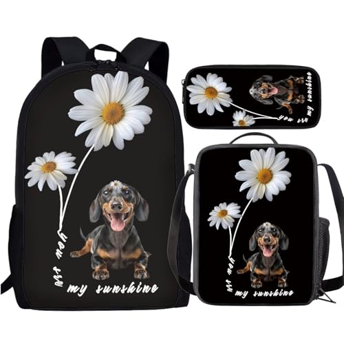 Daisy Dachshund Backpack for Girls Boys You are my Sunshine Kids Backpacks Set with Lunch Bag Pencil Case, Cute Bookbag 17″ Backpack for Elementary Middle School