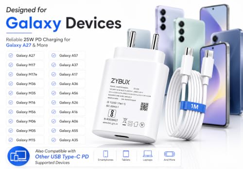 Image of ZYBUX 25W Type-C PD Superfast Charger with 1M Type-C Cable Compatible for Samsung Galaxy Phone M17|M17e|M36|M35|M16|M56| M06|M05|M15|A57|A17|A36|A56| A06|A16|A55|A35, Other Type-c Devices | White