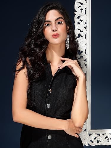 Image of DRAPE AND DAZZLE Stretchable Denim Bell Bottom Jumpsuit With Buttons At Front Jumpsuit For Women DD-082