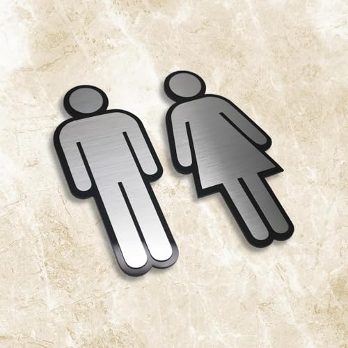 Image of Premium BLACK and BRUSH STEEL MEN & WOMEN CUTOUTS Washroom Sign for Toilet Restroom Bathroom 7 inch HEIGHT Easy Mount Self-Adhesive Tape Signage for Office Hotel Mall Restaurant