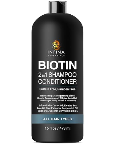 INFINA ESSENTIALS Biotin 2-in-1 Shampoo and Conditioner for Men & Women – Hair Thickening & Strengthening Shampoo with Saw Palmetto, Keratin, Caffeine & Vitamin E – Convenient Daily Use – 16 fl oz