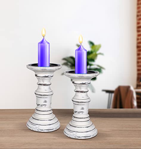 Farmhouse Wooden Candle Holders (Set of 2) - 7.5" Tall Pillar Stands, Antique Finish, Rustic Vintage Decor, Shabby Chic Home Accent, Decorative Centerpieces for Table - Antique White