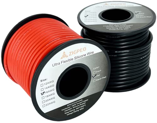 ZIGPEO 16 AWG Silicone Wire 100FT, Extra Flexible 16 Gauge Stranded Copper Wire, High Temp 392? 600V - RC, Automotive, Battery | Tinned Copper Conductor - 50FT Red & 50FT Black Spools