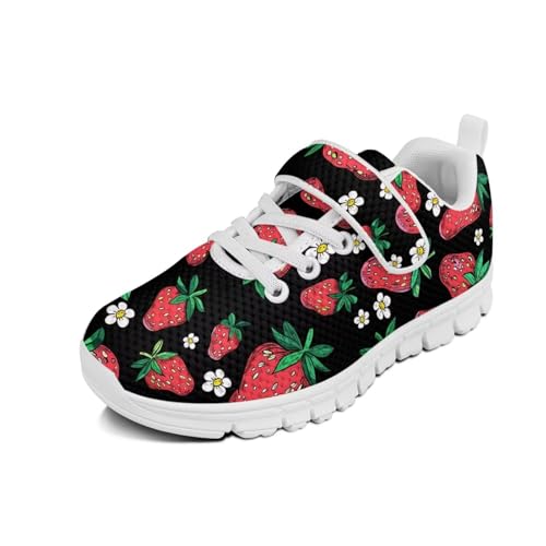 Kids Sneakers for Boys Girls Running Tennis Shoes Lightweight Breathable Sport Athletic Red Strawberry Floral Pattern
