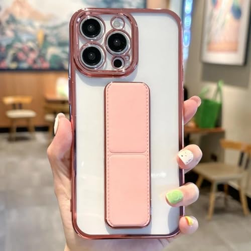Coque iPhone 15 Pro Max transparente avec support et cadre rose galvanisé