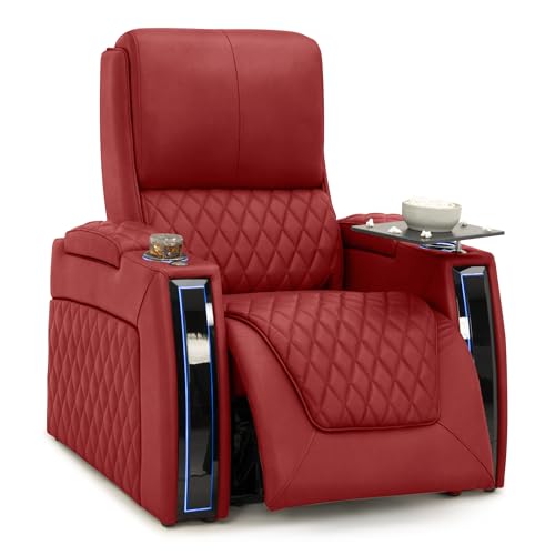 Image of Seatcraft Apex Red Italian Leather Home Theater Seating, Zero Gravity Power Recliner, Powered Headrest and Lumbar Gaming and Home Office Chair, Lounge Sofa Furniture for Cinema Room, Single Recliner