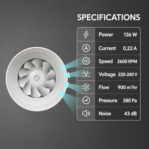 Image of Inline Fan 8 Inch /200mm | Silent Mix Flow Fan | Inline Duct Fan | Inline Exhaust Fab /Circular Inline Fan /Air Circulation System |130W Copper Motor | Airflow 900m3 /h | 2 Speed | White