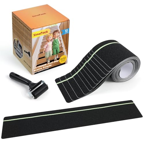 Image of Outdoor Non Slip Tape 6'' x 32'' (12-Pack) High Traction Adhesive Treads with Free Roller - Heavy Duty 80 grit Non Slip Tape -Anti Skid Strips Black with Glow in The Dark Stripe - Grip Tape for Steps