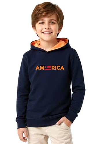 Image of Boys Hooded Sweatshirt, America Print, Cotton Blend, Long Sleeve, Navy Blue /Pink /Orange, Regular Fit