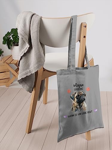Baumwolltasche - Hunde - Mops - Geschenk Hundebesitzern - Unisize - Hellgrau - tasche hund hundebesitzer motiv einkaufstasche geschenke für hundefans hundemotiv stofftaschen bag with dog hunden