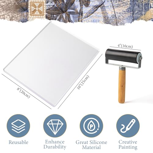 Funria Gel Printing Plate Kit with 8" X 10" Reusable Gel Printing Plate, Printing Paper, Baren, Stencils, Rubber Roller, Crafts Printmaking Supplies for Mixed Media Art Monoprinting Card Making - Image 4