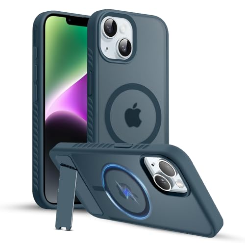 Image of KARWAN️Ultra Hybrid Matte Back Cover Case Compatible with Stand Magnetic for iPhone 14 /13 | Mag-Safe Wireless Charging | Camera Bump Protection -(Blue)