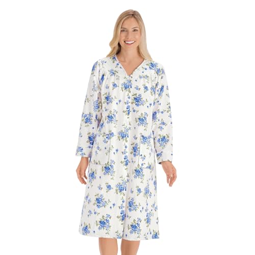 Collections Etc Floral Print Snap Front Long-Sleeve Flannel Robe with Pockets Blue