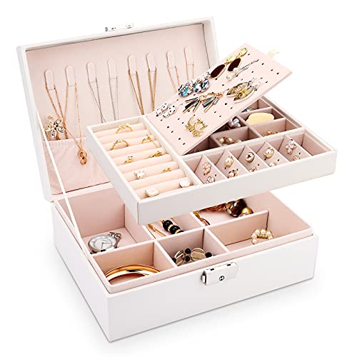 Mefirt Jewelry Box for Women Girls with Lock 2 Layer Leather Jewelry Boxes Oranizer Large Lockable Display Jewelry Holder for Earring Ring Necklace Watch for Valentine's Day Gift (White)