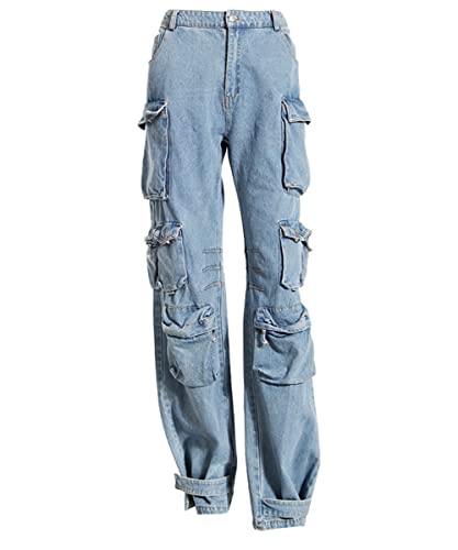 Women's Denim Cargo Pants High Waist Baggy Flap Pockets Wide Leg Cargo Jeans Streetwear