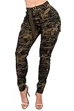 TwiinSisters Women's High Waist Skinny Multi Pockets Utility Cotton Cargo Pants Jogger Jeans with Adjustable Belt for Women - Large, Army Camo