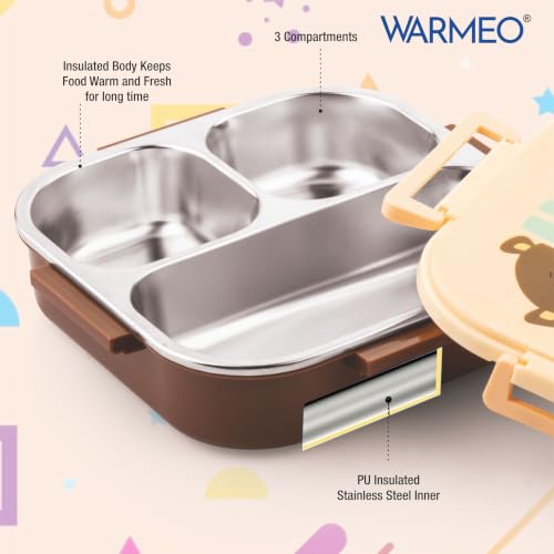 Image of WARMEO Jerry Insulated Lunch Box with Three Compartment BPA Free, Kids Lunch Box,Food Grade Ideal for School, Picnic, Office & Outdoor - 500ml Bear, Stainless Steel