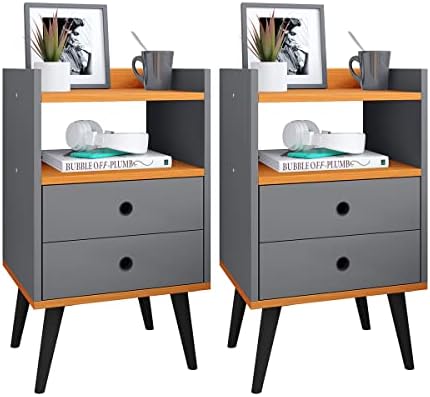 Jogo Quarto Casal Kit Mesa de Cabeceira Retrô com Gaveta Mesinha Canto Moderna Decoração Ambiente - Cinza/Cinamomo- RPM