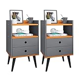 Jogo Quarto Casal Kit Mesa de Cabeceira Retrô com Gaveta Mesinha Canto Moderna Decoração Ambiente - Cinza/Cinamomo- RPM