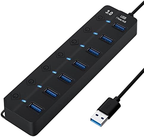 Miuhhur USB Hub 3.0, 7-Port USB Hubs Multiple Ports Expansion Splitter, Individual On/Off Switch LED Indicator, Slim Portable Data Expander for Laptop, Keyboard, Mouse, Adapter - 3.3 Feet USB Cable