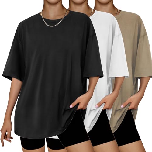 Dhigali 3 Pack Oversized Tshirts Shirts for Women Crew Neck Gym Casual Womens Basics Summer Clothing Loose Plain Baggy T Shirts