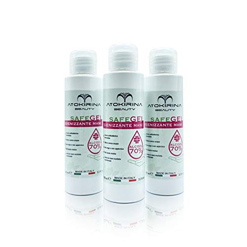 ATOKIRINA SAFE Gel Disinfettante Mani Azione Rapida Senza risciacquo 70% Alcool Antibatterico Igienizza e Protegge Gel Delicato Mani Bambini Ideale in ambienti Ospedalieri MADE IN ITALY – 3pz x 100ml