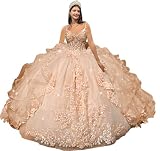 LuxeEspy Spaghetti Straps XV Dress Ruffled Quinceanera Dresses Peach with Flowers Ruffled Bow Dress Puffy Sweet 16 Dresses with Train Glitter Beaded Vestido De 15 Aos 6