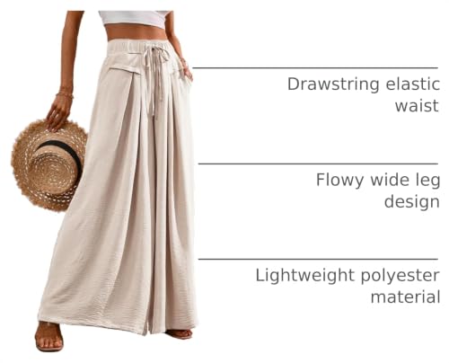 CORSKI Flowy Wide Leg Palazzo Pants for Women Dressy Casual Elastic Waist Lounge Long Trousers with Pocket Large Beige - image 4