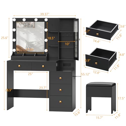 Image of Vanity Desk with Mirror and Lights, Black Makeup Vanity with 5 Drawers Hidden Jewelry Organizer& LED Glass Cabinet,3 Light Mode and Brightness Adjusted,Vanity Mirror with Lights Desk and Chair