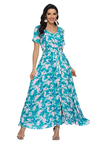 Image of VintageClothing Women's Floral Maxi Dresses Boho Button Up Split Summer Casual Long Dress Beach Party Dress