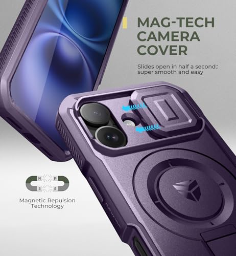 Image of Dexnor for iPhone 16 Case with Slide Camera Cover&Adjustable Kickstand & Built-in Screen Protector, Compatible Wireless Charging Shockproof Cases Heavy-Duty Magnetic Protective Cover,Phantom Purple