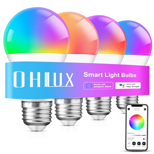 OHLUX Smart WiFi & Bluetooth Alexa Light Bulbs, 10W (100W Equivalent) Color Changing Light Bulbs with Music Sync,Compatible with Alexa Google Home Siri, A19 E26 900LM 4Pack