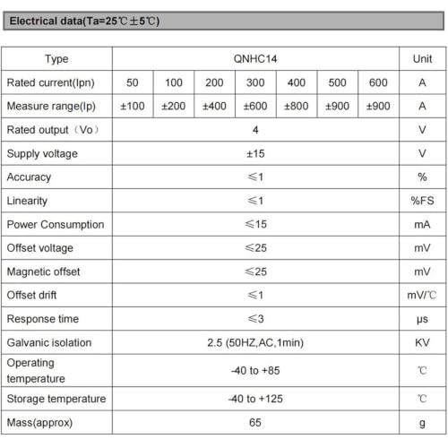 Sensor de corriente efecto Hall QNHC14 con salida simetrica de ±4V y aislamiento de 400A 2