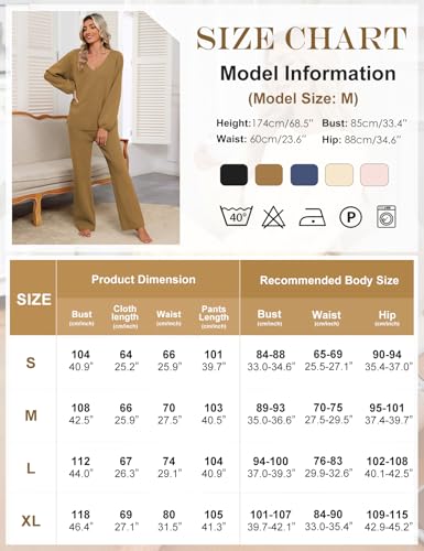CMTOP Two Piece Outfits Women Tracksuits Sweater Sets Elegant V Neck Lounge Wear Sets Casual Knit Pullover Tops Elastic Waisted High Waist Wide Leg Trousers Tracksuits Set(Khaki, M) - Image 5