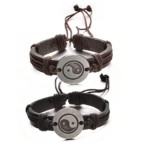 Aleasha Leder Yingyang Armband für Herren Freundschaft PäRchen ArmbäNder für 2 Schmuck Geschenk Set Schwarz Braun Cover