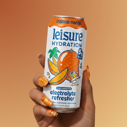 Image of Leisure Hydration Non-Carbonated Electrolyte Refresher, Tropical Mango Flavor - Low Sugar Nutrient Enhanced Water Beverage - Get The Best Hydration Packed w / Magnesium & Ashwagandha For Mood & Stress Support, Non-GMO, 16 oz (12-Cans)