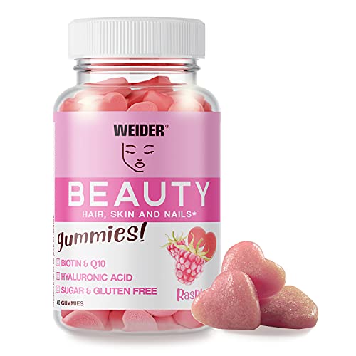 Weider - Beauty Gummies, Gominolas con Fórmula Anti-Aging y Vitamina C, Ayuda en el Cuidado de Piel, Uñas y Pelo, Sin Azúcares y Sin Gluten, Sabor a Frambuesa - Bote con 40 Gominolas